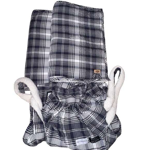 UGG Reversible Plaid Sherpa Pillow Shams Set Navy White Full Queen Bedding - Picture 4 of 4